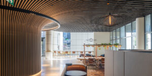 Enterprise 600 wall system curving into a radial ceiling system at 10 Valentine