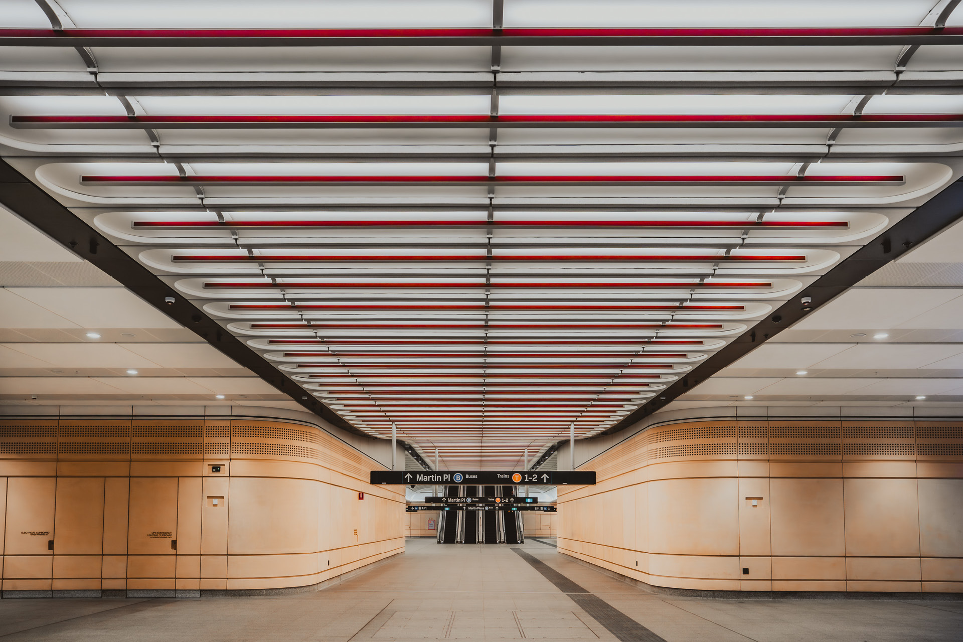 Martin Place Metro Station. Enterprise Architectural Flute Ceiling System.