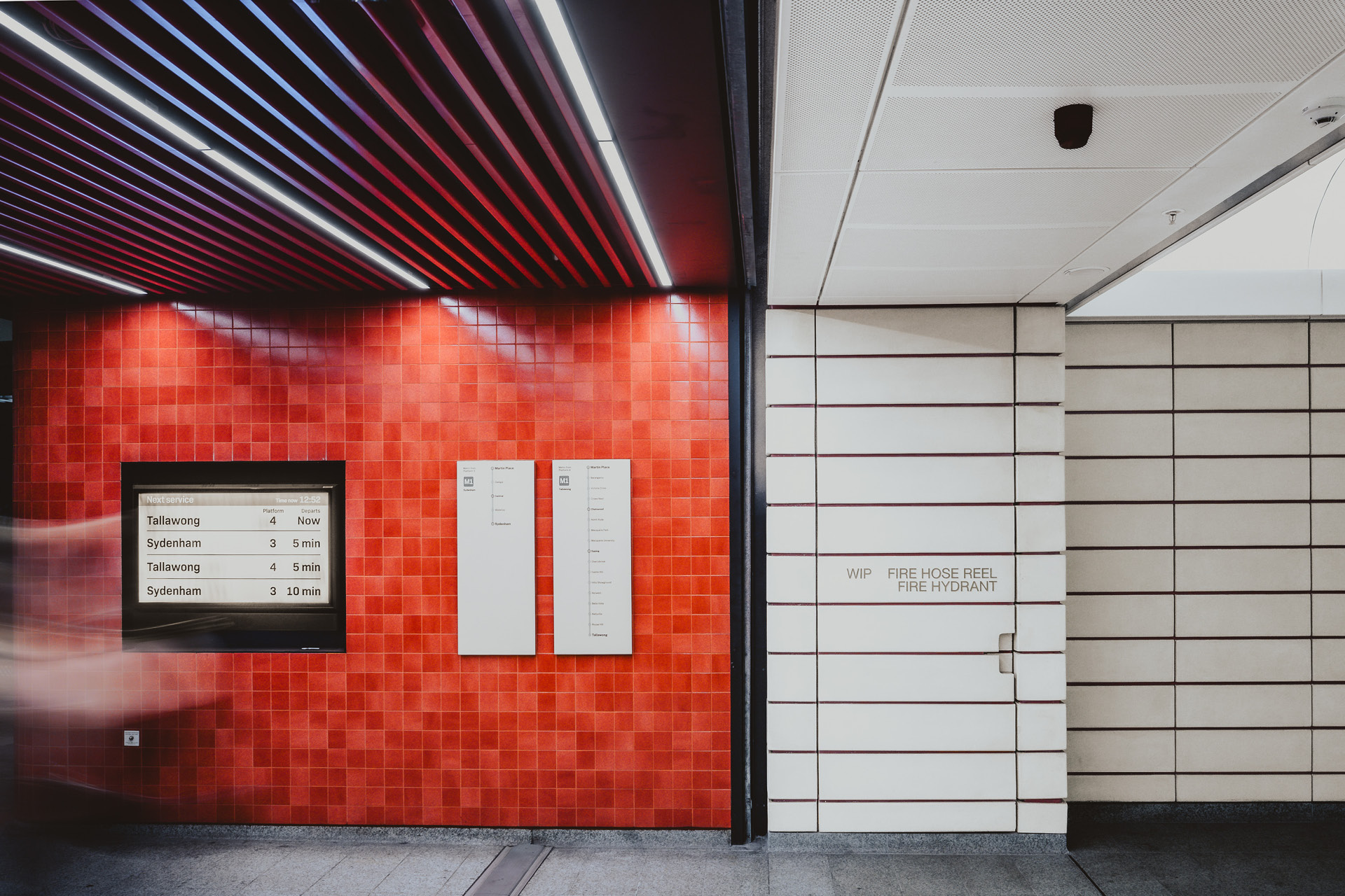 Martin Place Metro Station. Enterprise Architectural Metal Batten Ceiling System.