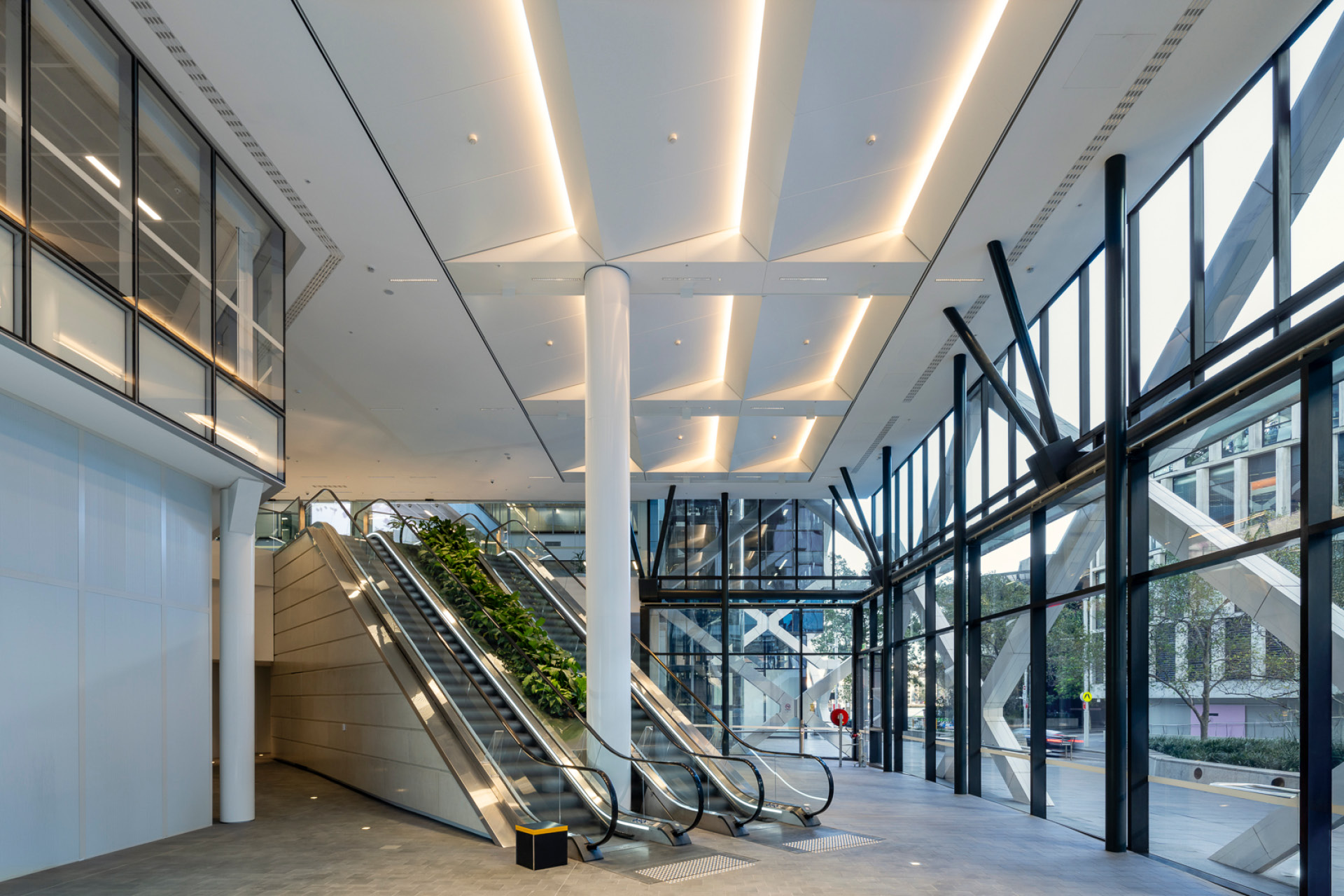 Enterprise 310 metal panel feature ceiling installed at 1 Shelley St Lobby.