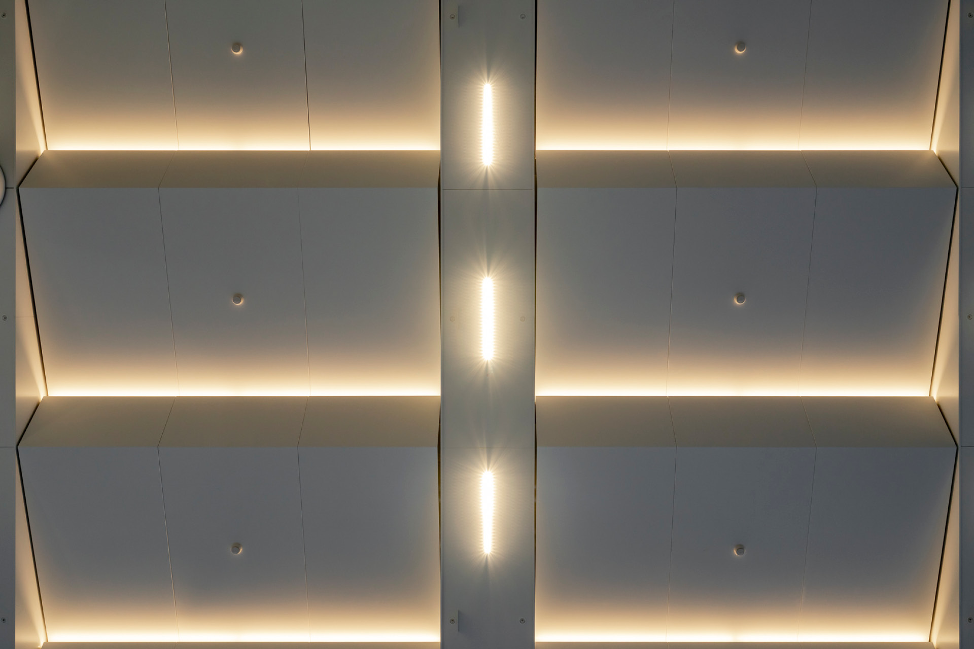 Enterprise 310 metal panel feature ceiling installed at 1 Shelley St Lobby.