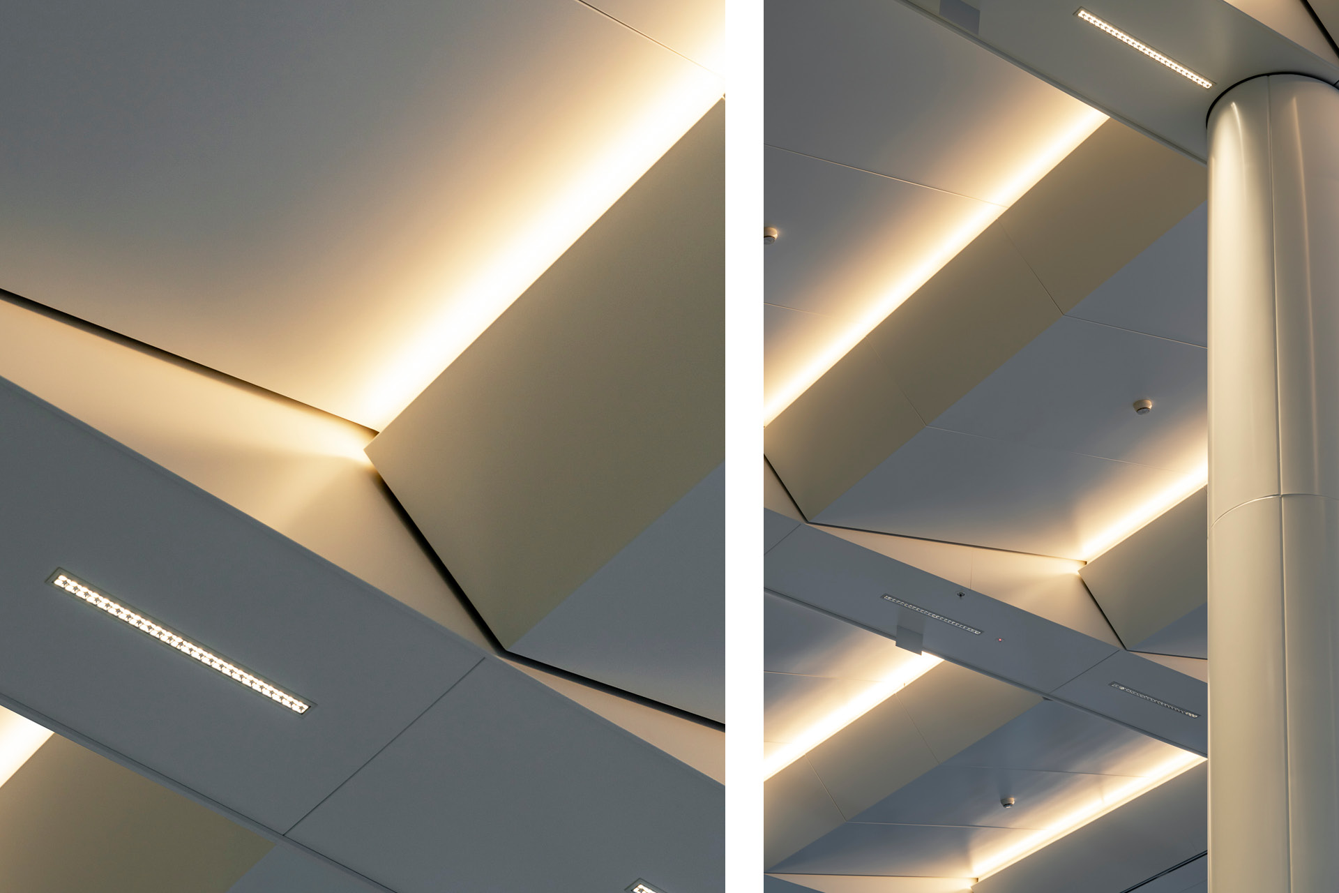 Enterprise 310 metal panel feature ceiling installed at 1 Shelley St Lobby.