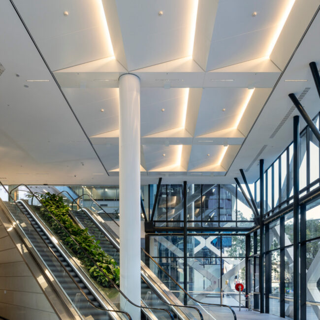 Enterprise 310 metal panel feature ceiling installed at 1 Shelley St Lobby.