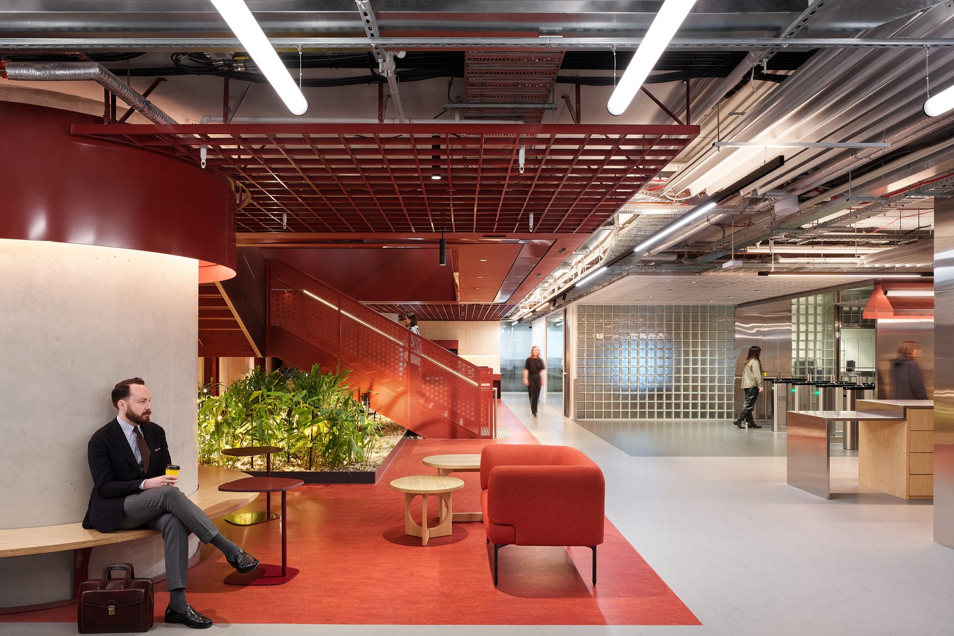 Enterprise 500 open cell ceiling in red at Macquarie Bank Martin Place